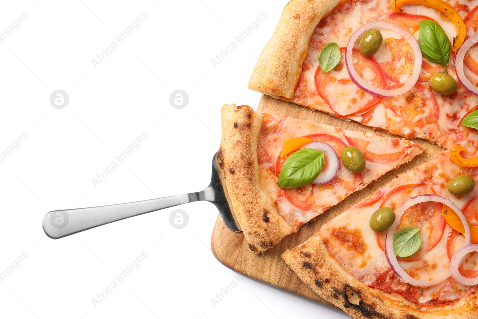 Photo of Cut delicious vegetarian pizza isolated on white, top view