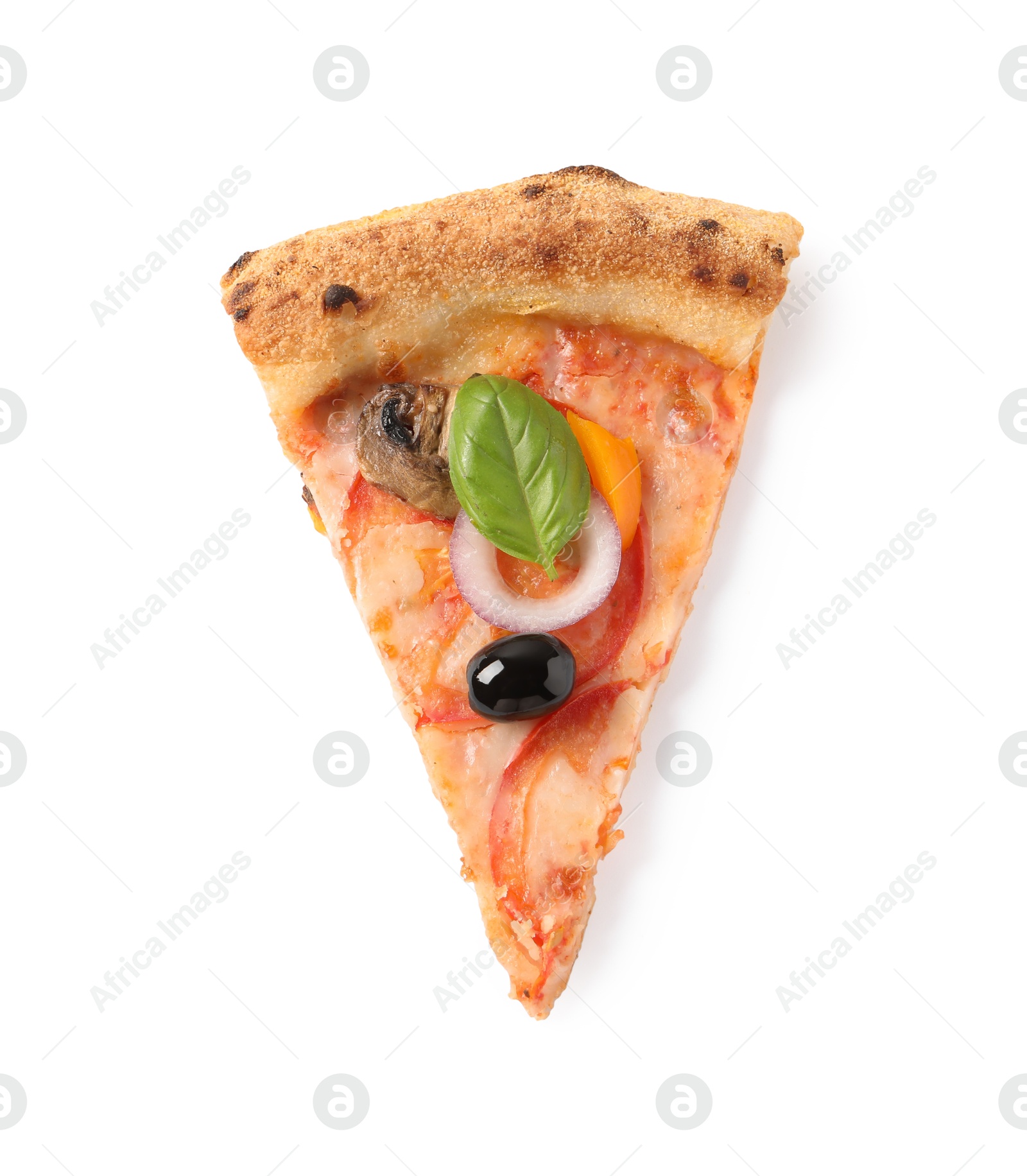 Photo of Slice of delicious vegetarian pizza isolated on white, top view