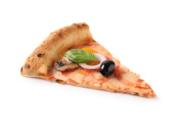 Photo of Slice of delicious vegetarian pizza isolated on white