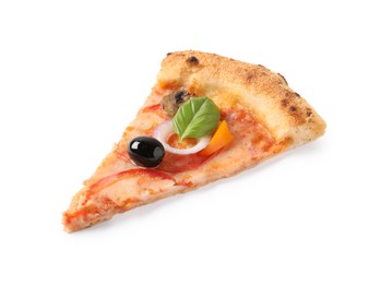 Photo of Slice of delicious vegetarian pizza isolated on white