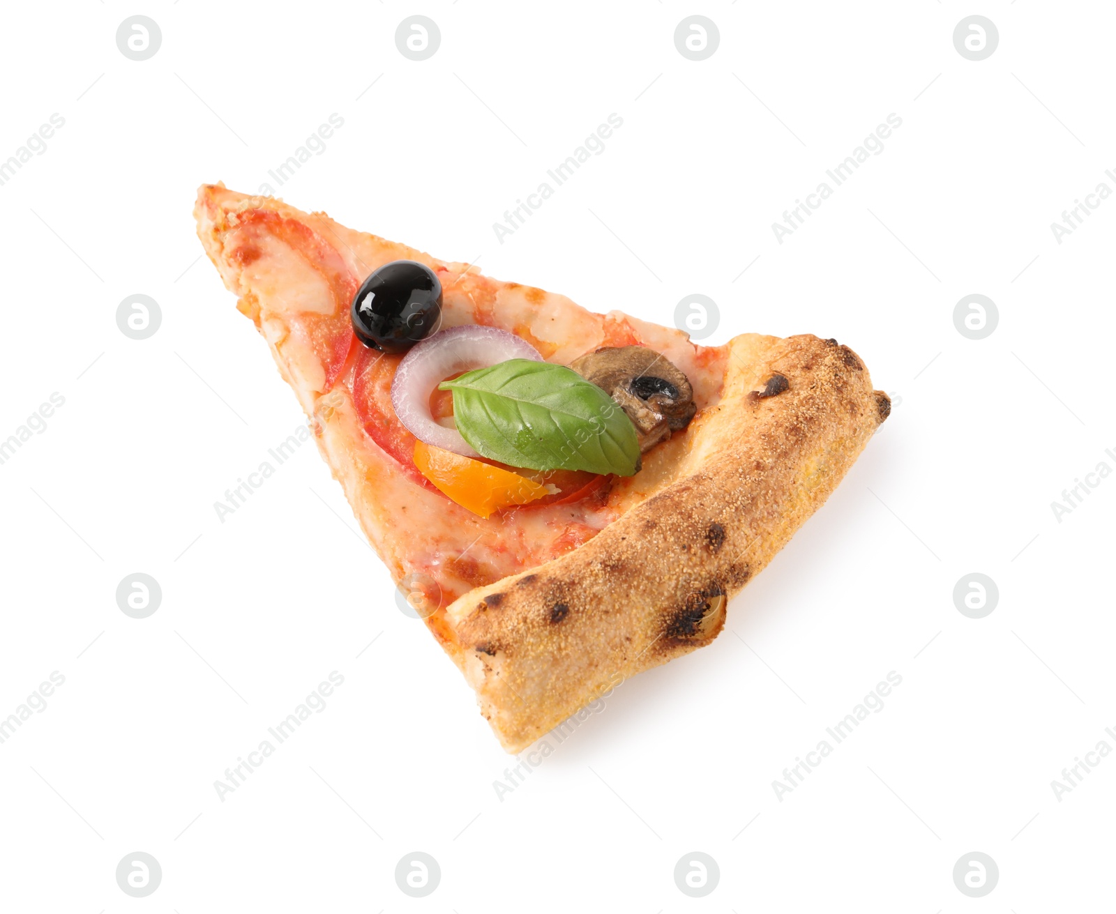 Photo of Slice of delicious vegetarian pizza isolated on white