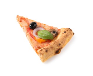 Photo of Slice of delicious vegetarian pizza isolated on white