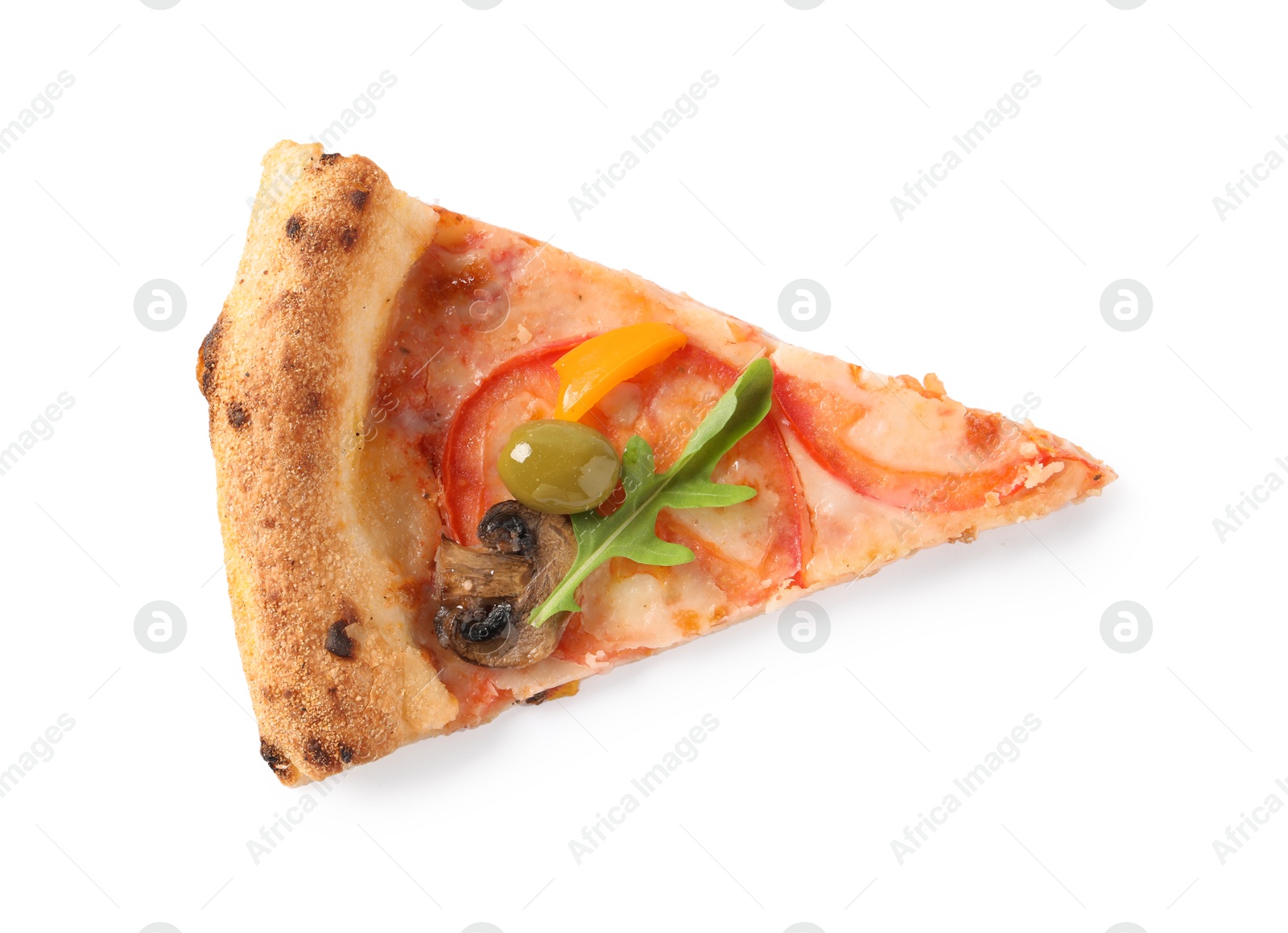 Photo of Slice of delicious vegetarian pizza isolated on white, top view