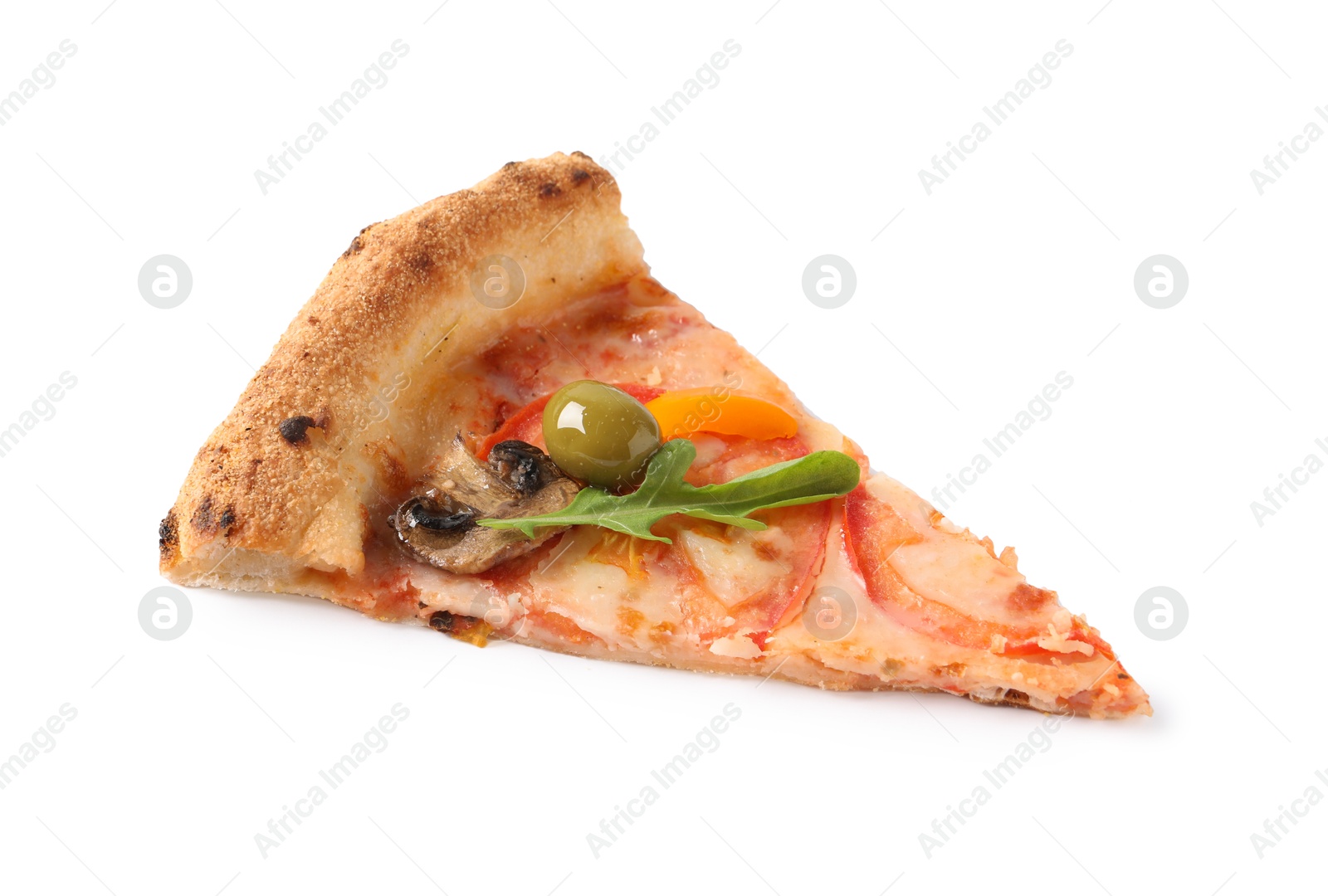 Photo of Slice of delicious vegetarian pizza isolated on white