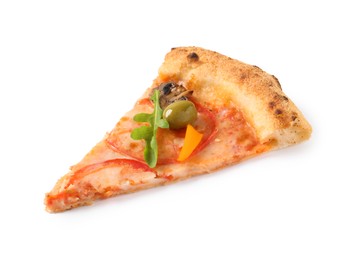 Photo of Slice of delicious vegetarian pizza isolated on white