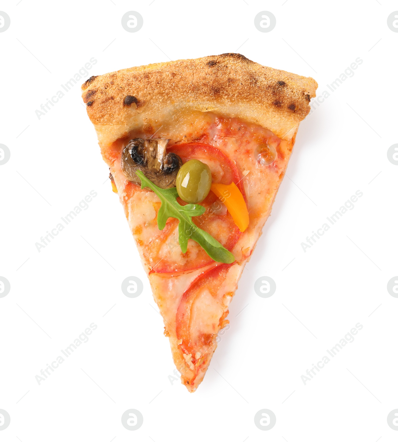 Photo of Slice of delicious vegetarian pizza isolated on white, top view