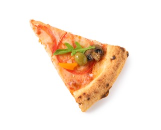 Photo of Slice of delicious vegetarian pizza isolated on white, top view