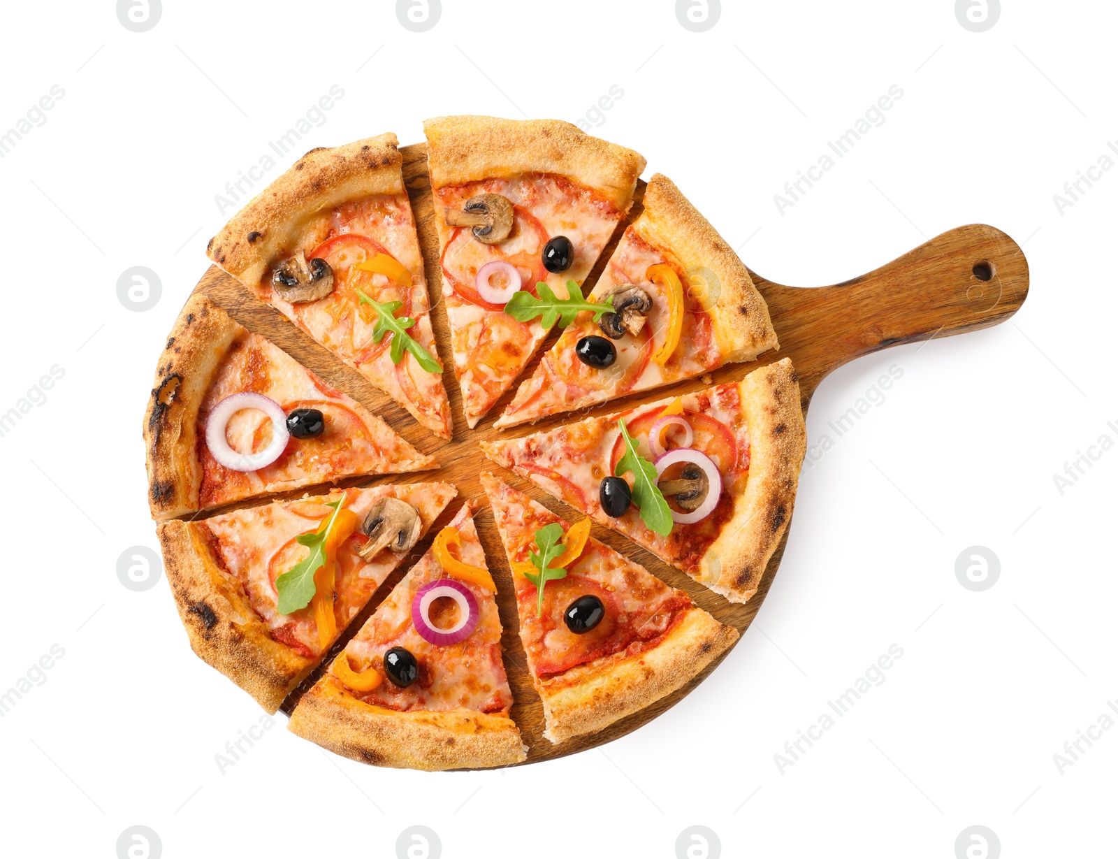 Photo of Cut delicious vegetarian pizza isolated on white, top view