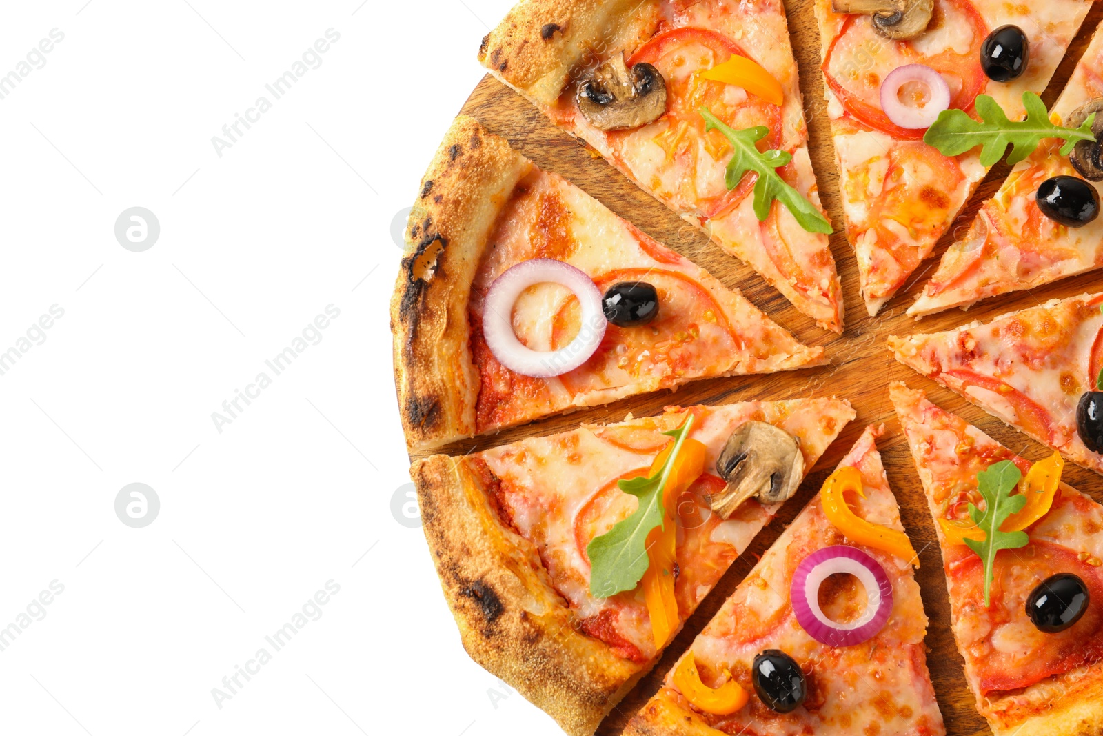 Photo of Cut delicious vegetarian pizza isolated on white, top view