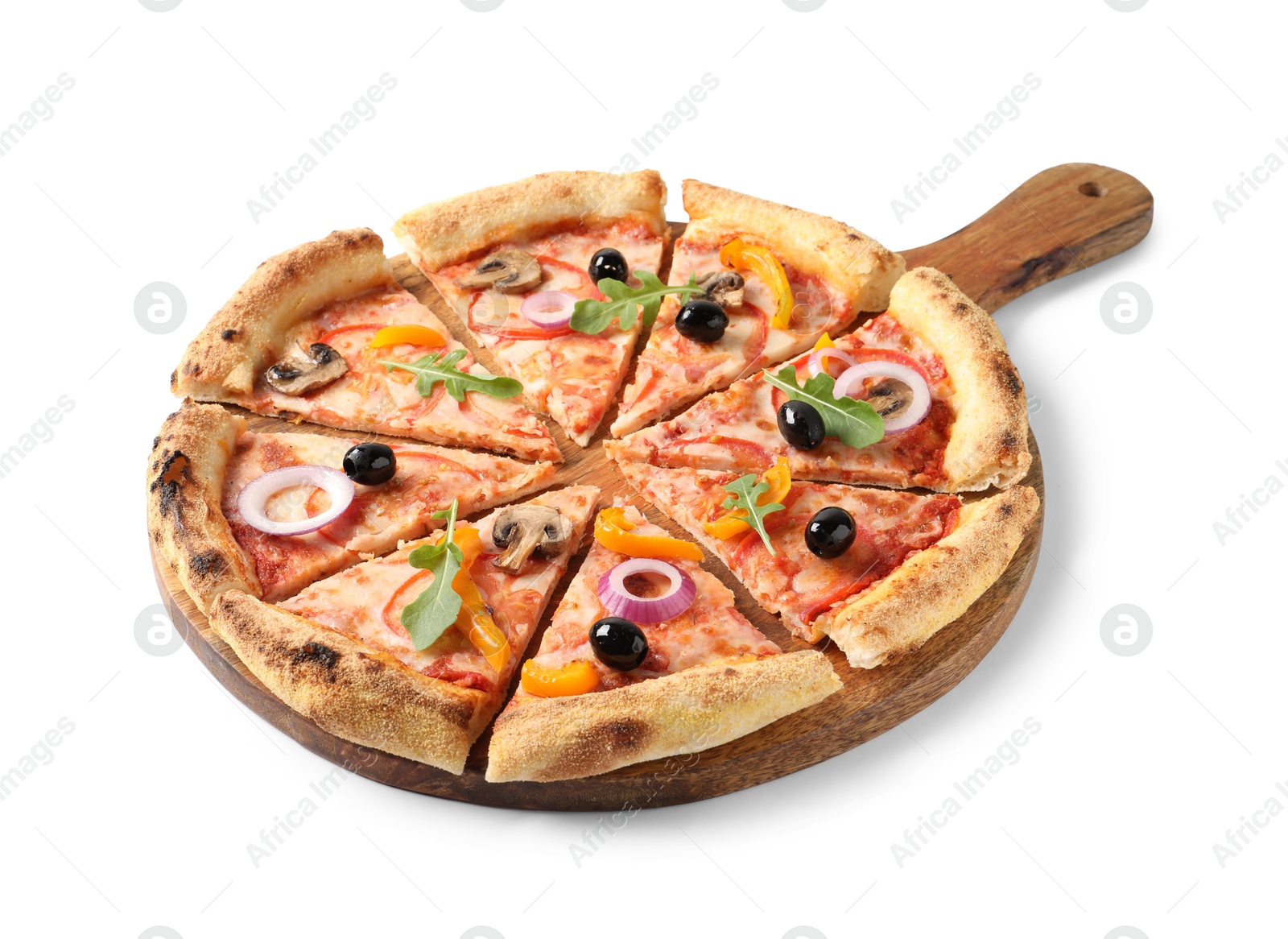 Photo of Cut delicious vegetarian pizza isolated on white