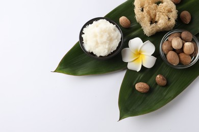 Natural shea butter in bowl, nuts, plumeria flower, loofah and green leaves on white background, top view. Space for text