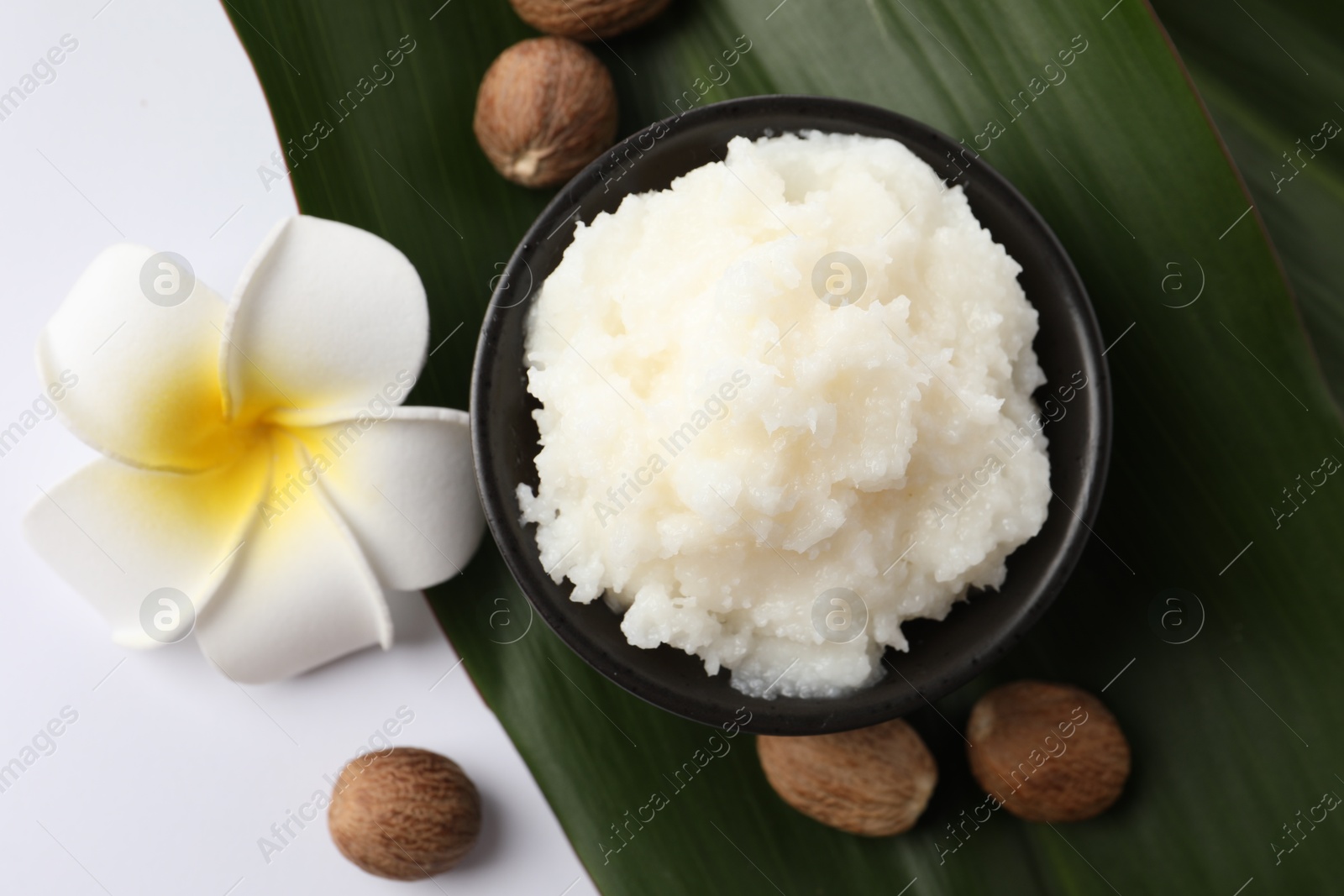 Photo of Natural shea butter in bowl, nuts, plumeria flower and green leaf on white background, top view