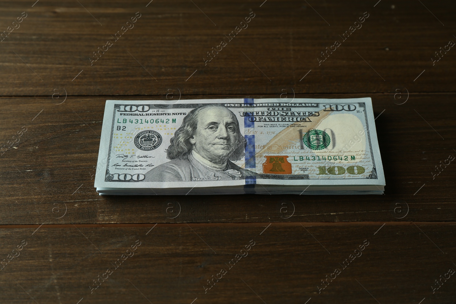 Photo of Stack of dollar banknotes on wooden table