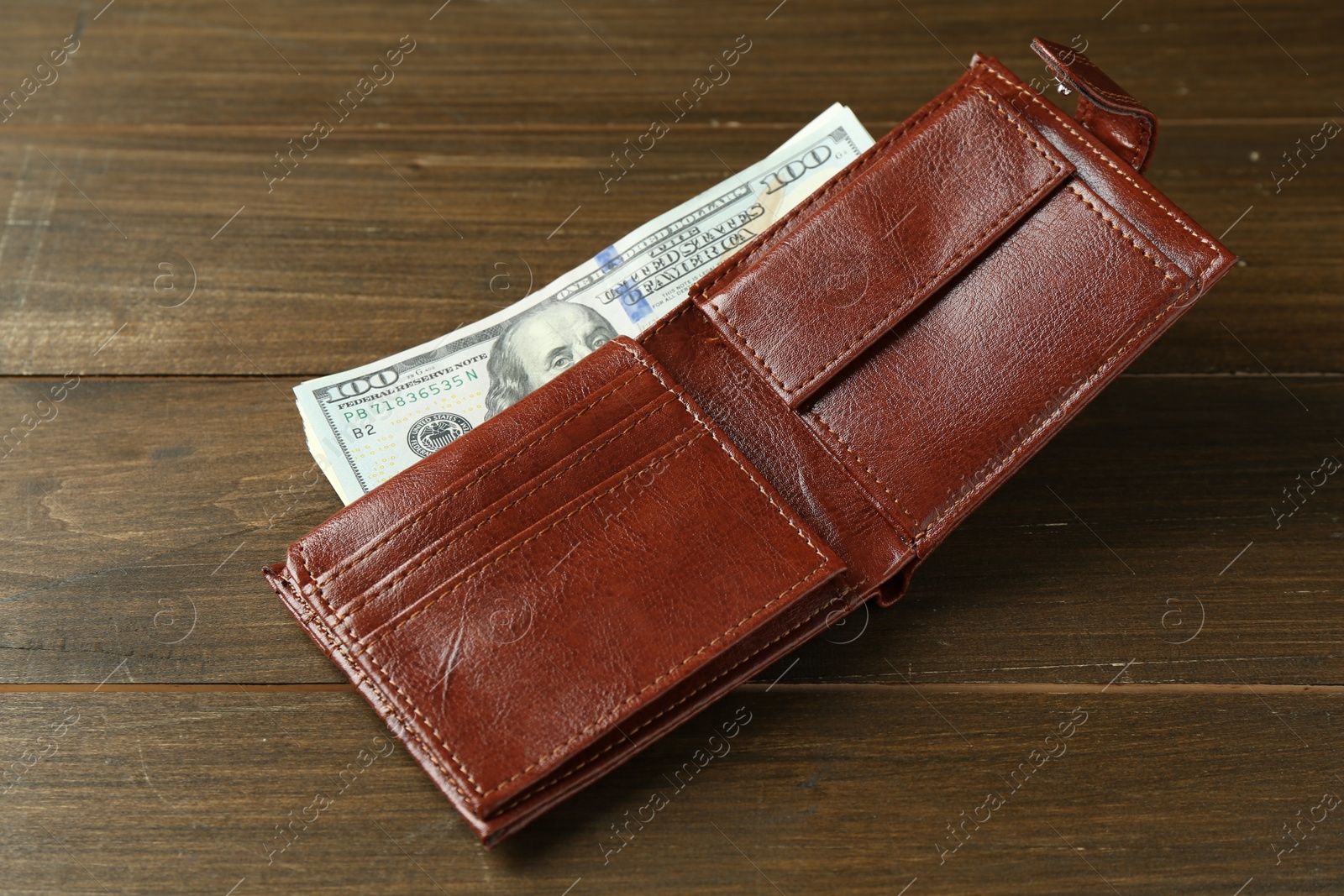 Photo of Leather wallet with dollar banknotes on wooden table