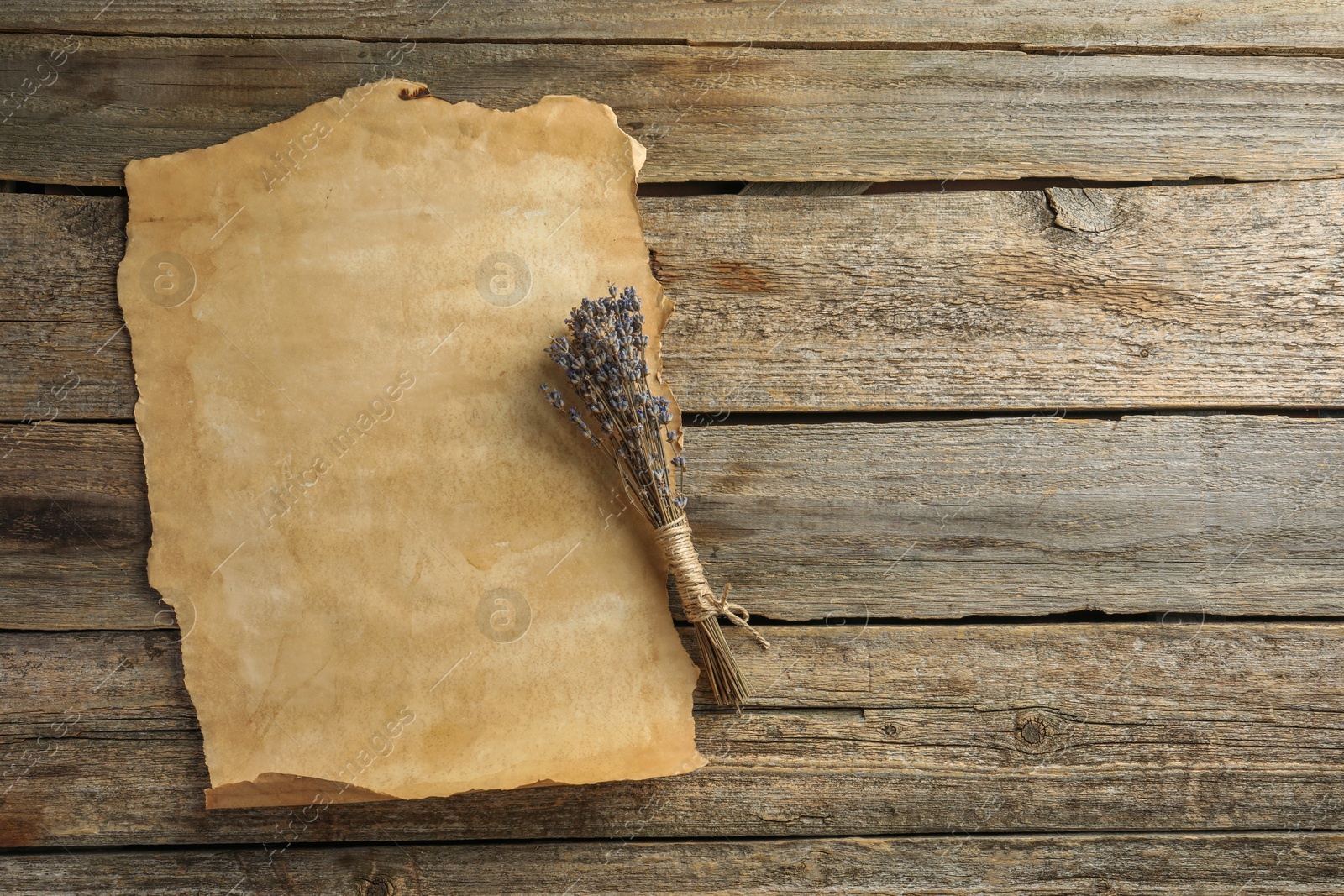 Photo of Sheet of old parchment paper and lavender flowers on wooden table, top view. Space for text