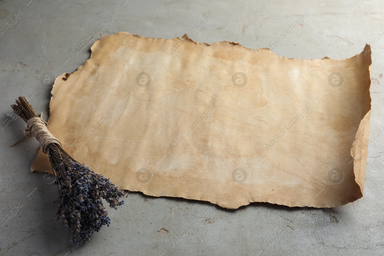 Photo of Sheet of old parchment paper and lavender flowers on grey table