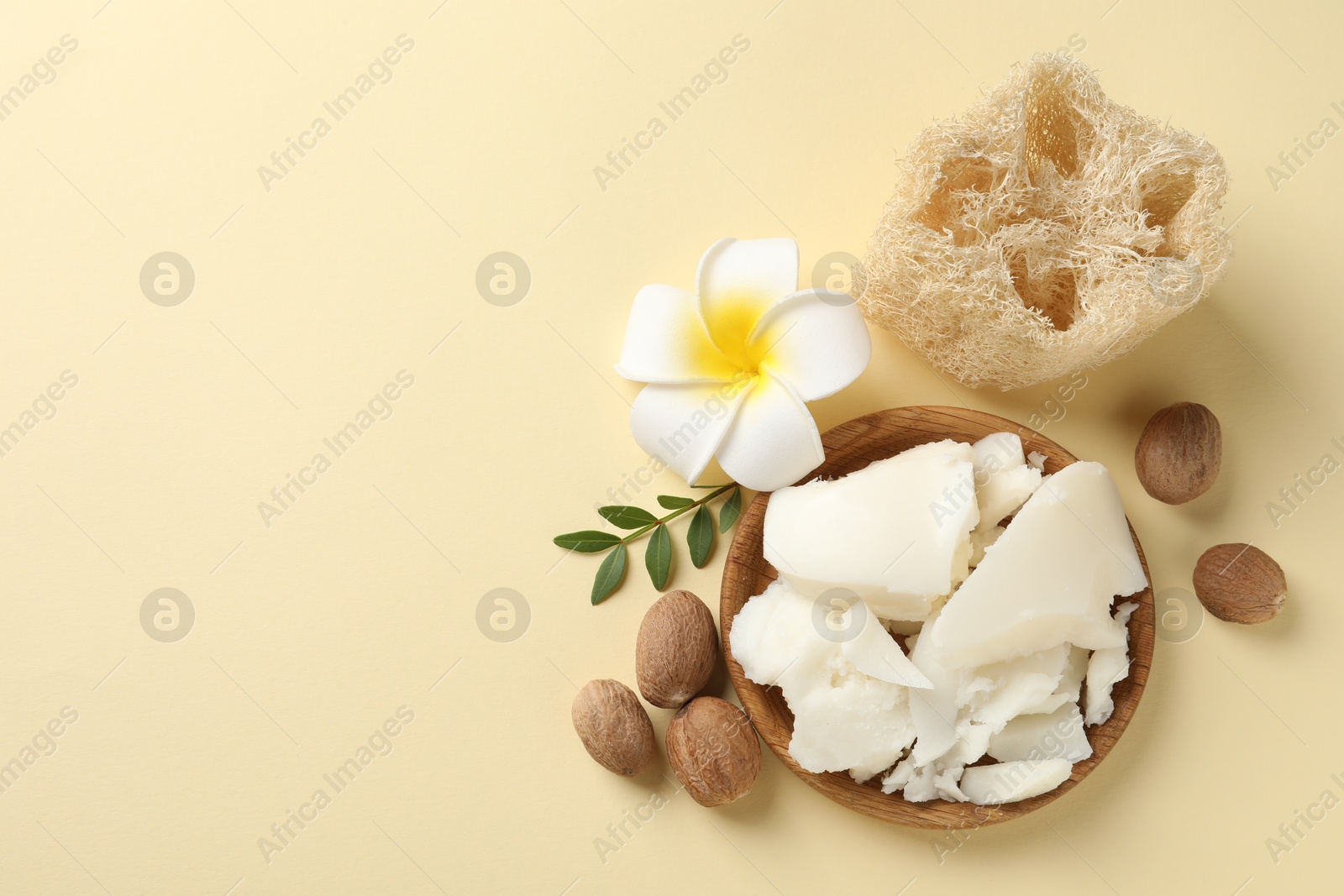 Photo of Natural shea butter, nuts, plumeria flower, leaf and loofah sponge on beige background, top view. Space for text