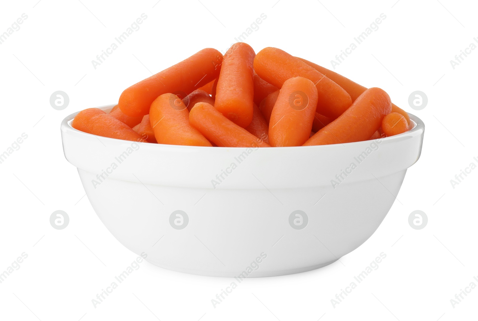 Photo of Baby carrots in bowl isolated on white