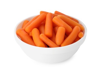 Photo of Baby carrots in bowl isolated on white