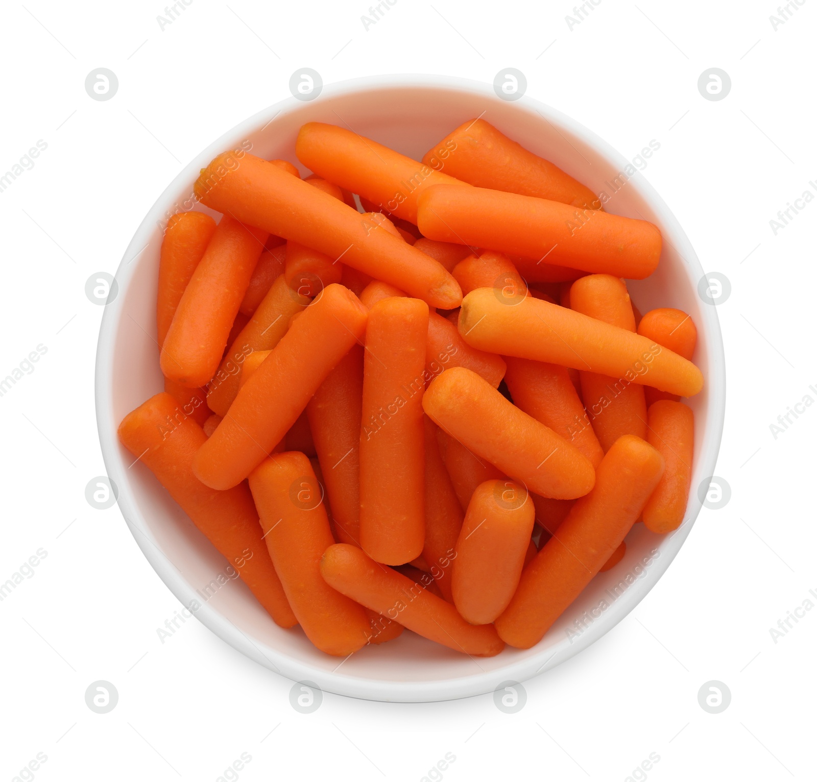 Photo of Baby carrots in bowl isolated on white, top view