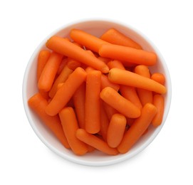 Photo of Baby carrots in bowl isolated on white, top view