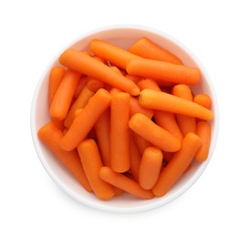 Photo of Baby carrots in bowl isolated on white, top view