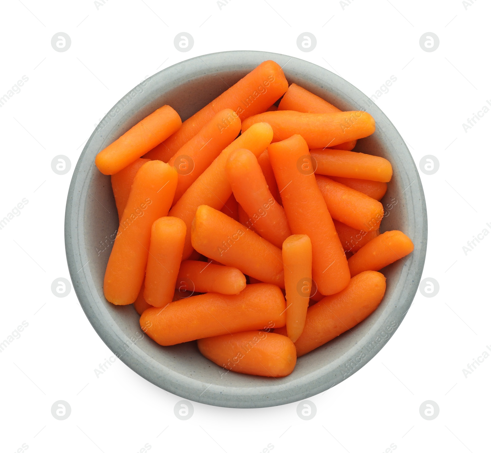 Photo of Baby carrots in bowl isolated on white, top view