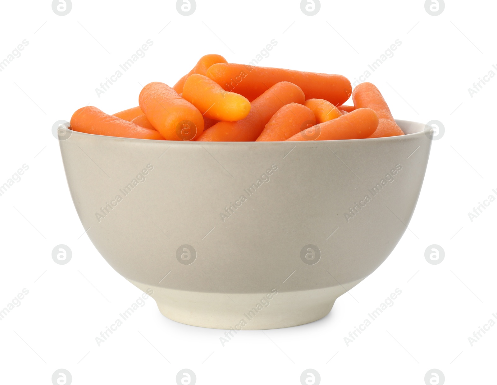 Photo of Baby carrots in bowl isolated on white