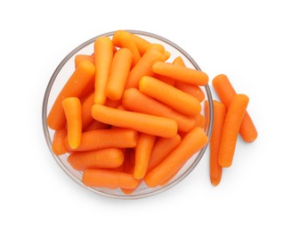 Photo of Baby carrots in bowl isolated on white, top view