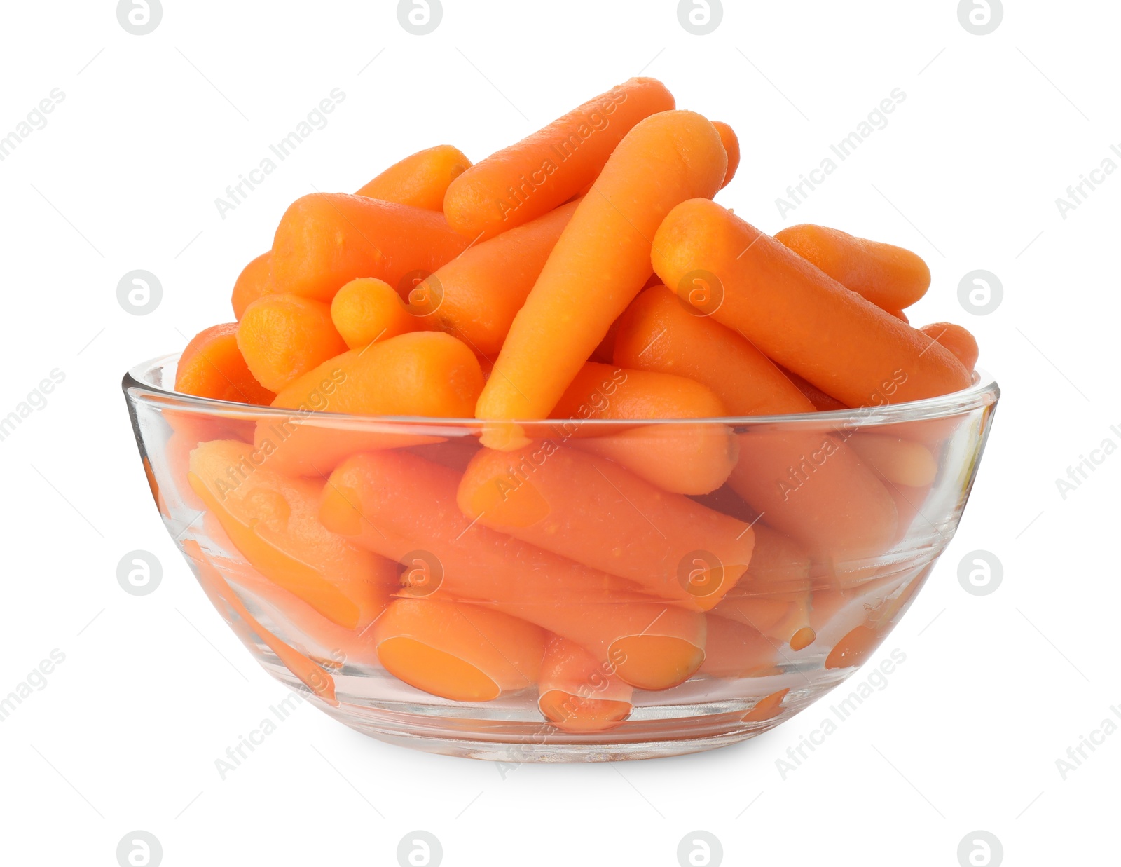 Photo of Baby carrots in bowl isolated on white