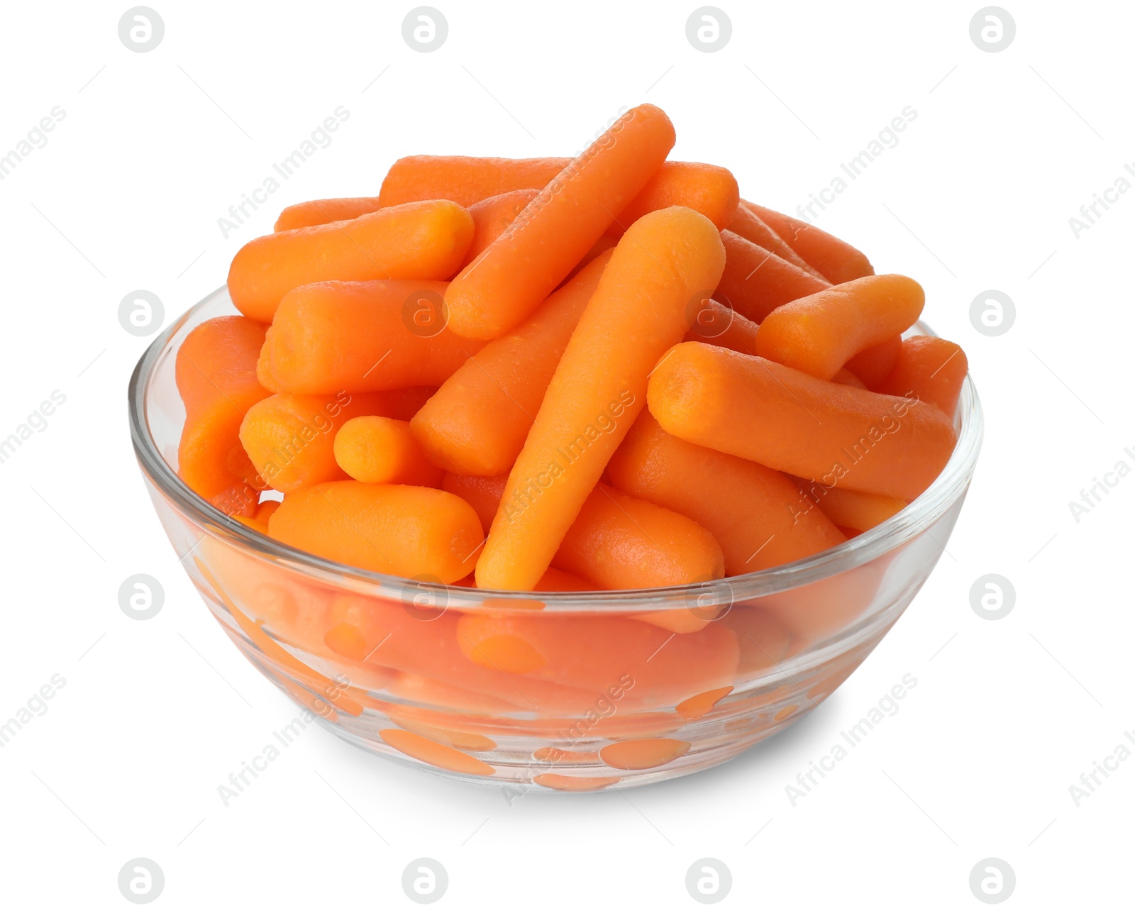 Photo of Baby carrots in bowl isolated on white