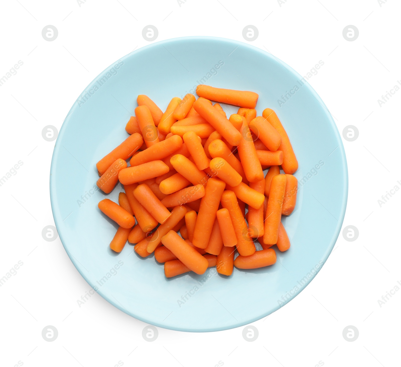 Photo of Baby carrots isolated on white, top view