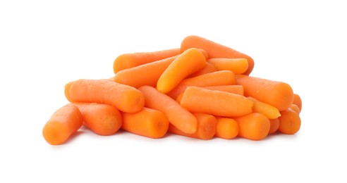 Photo of Pile of baby carrots isolated on white