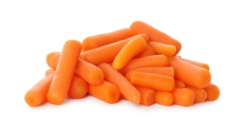 Photo of Pile of baby carrots isolated on white