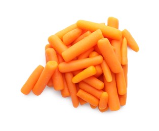 Pile of baby carrots isolated on white, top view