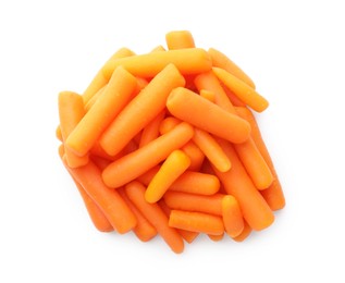 Photo of Pile of baby carrots isolated on white, top view