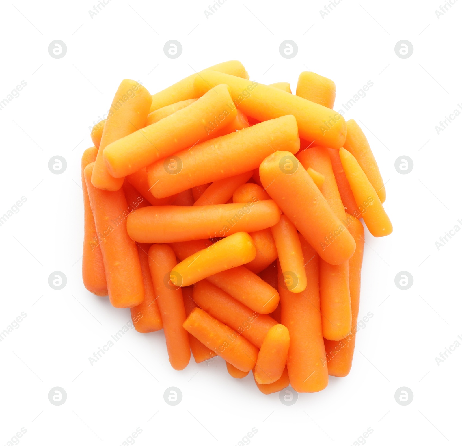 Photo of Pile of baby carrots isolated on white, top view