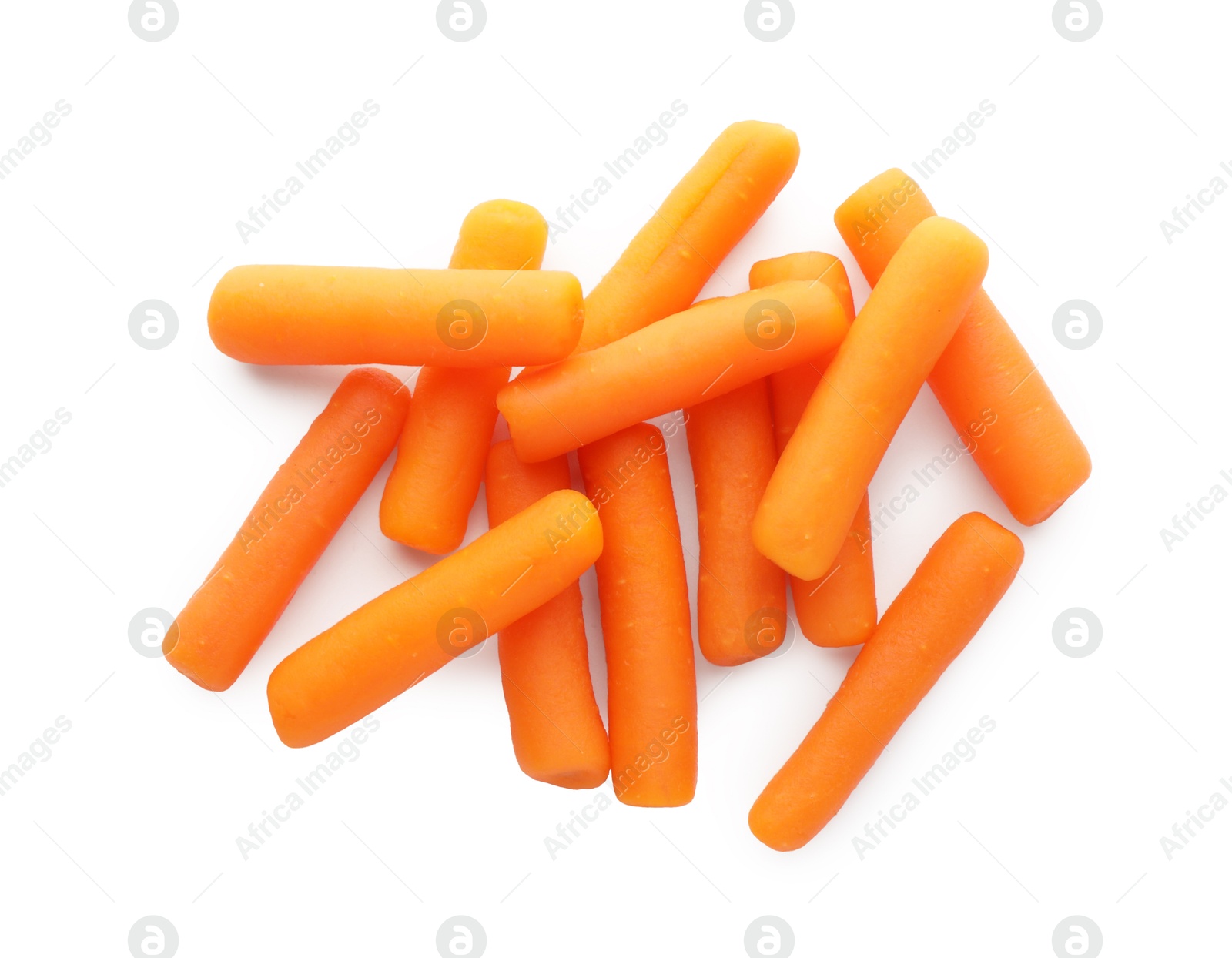 Photo of Many baby carrots isolated on white, top view