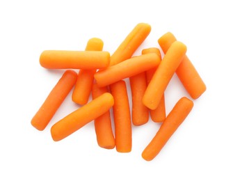 Many baby carrots isolated on white, top view