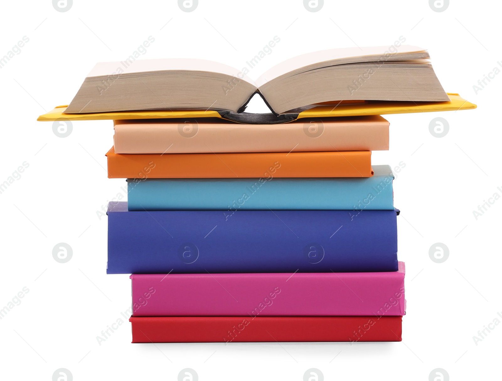 Photo of Stack of colorful books isolated on white