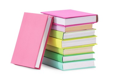 Many bright colorful books isolated on white