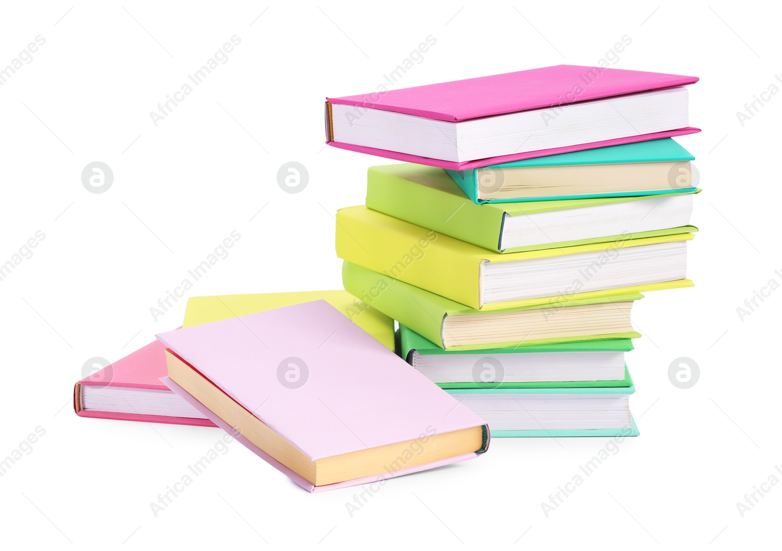 Photo of Many bright colorful books isolated on white