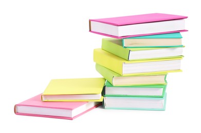 Photo of Many bright colorful books isolated on white