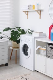 Washing machine, furniture, detergents, laundry and houseplant indoors