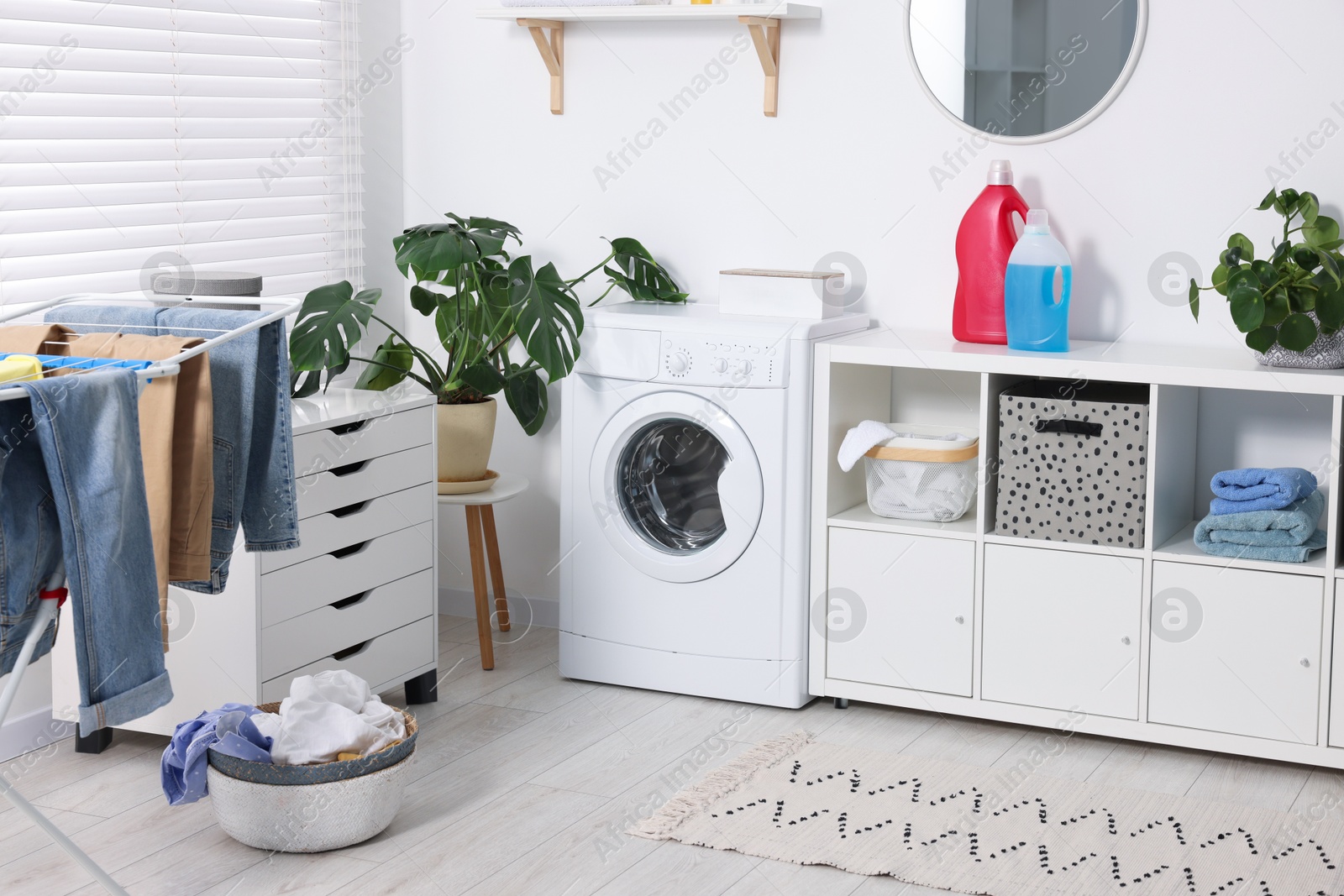 Photo of Washing machine, furniture, detergents, laundry, houseplants and drying rack indoors