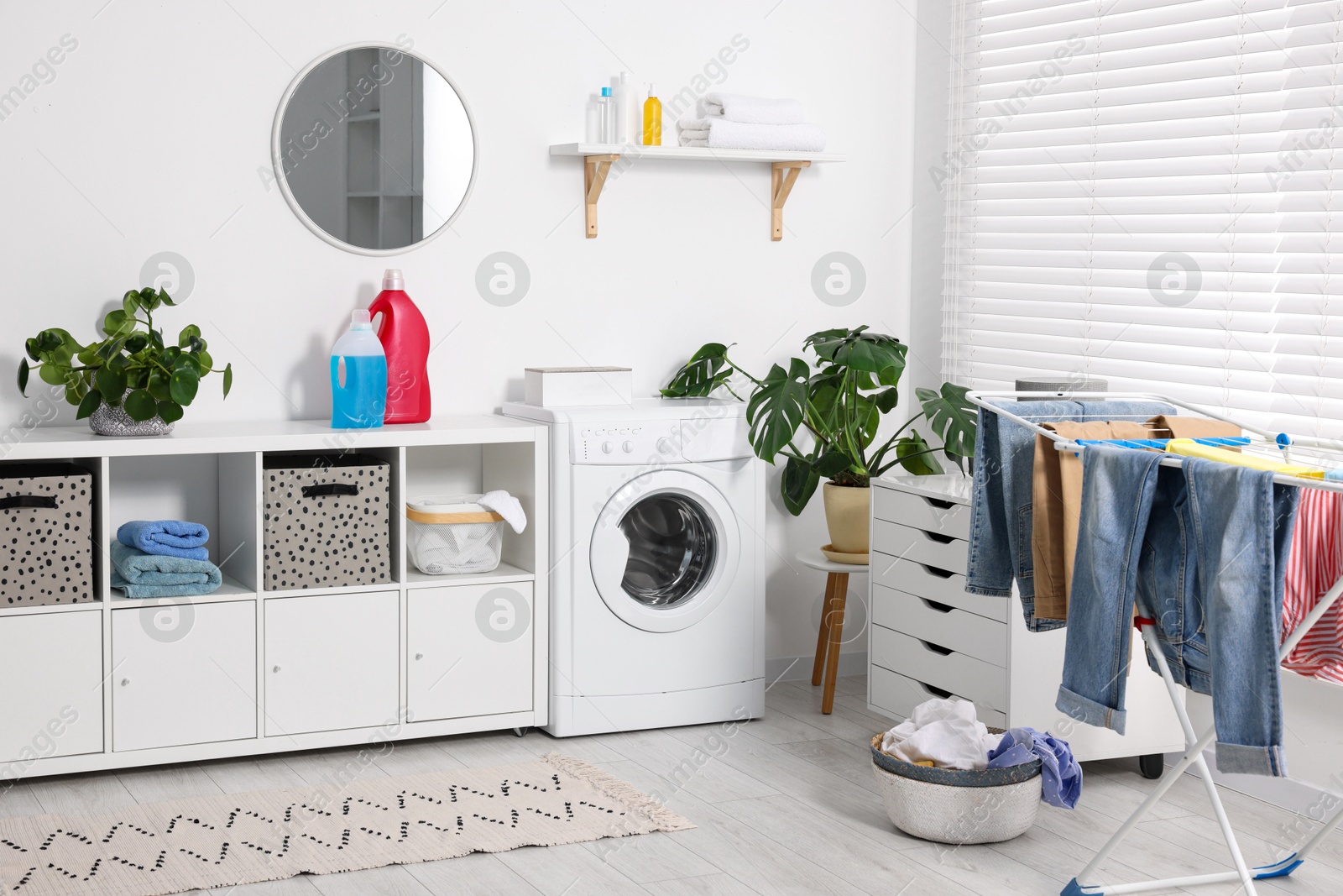 Photo of Washing machine, furniture, detergents, laundry, houseplants and drying rack indoors