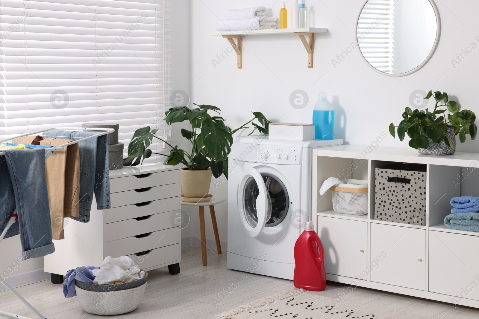 Photo of Washing machine, furniture, detergents, laundry, houseplants and drying rack indoors