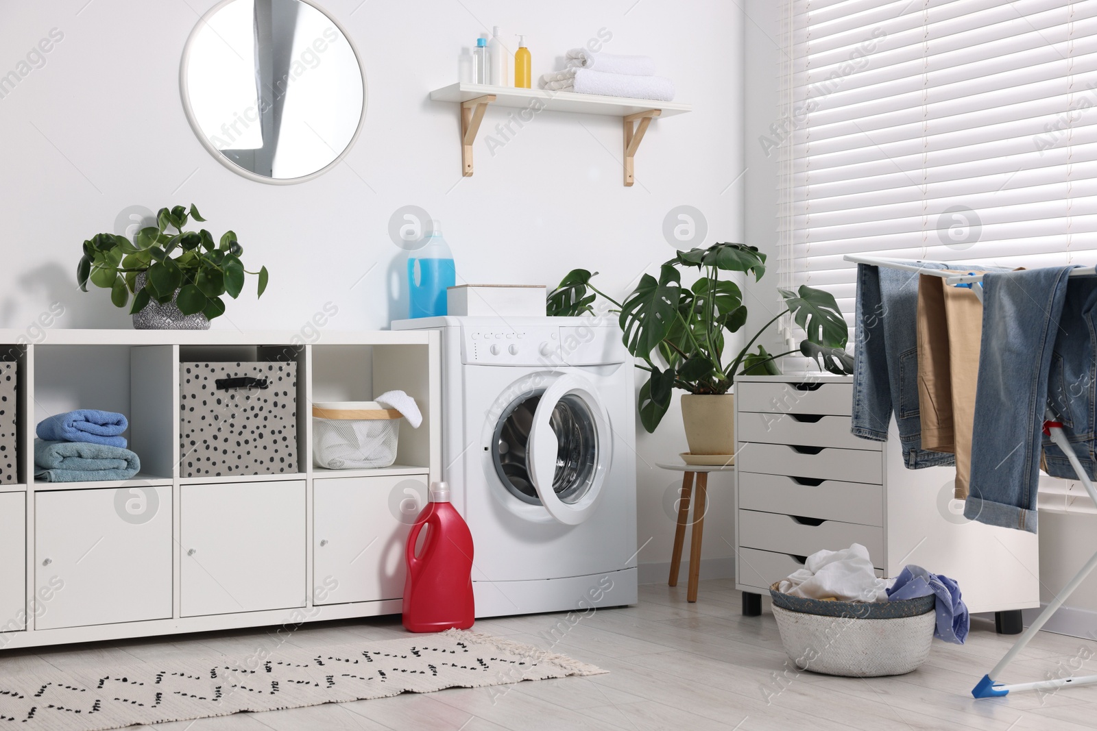 Photo of Washing machine, furniture, detergents, laundry, houseplants and drying rack indoors