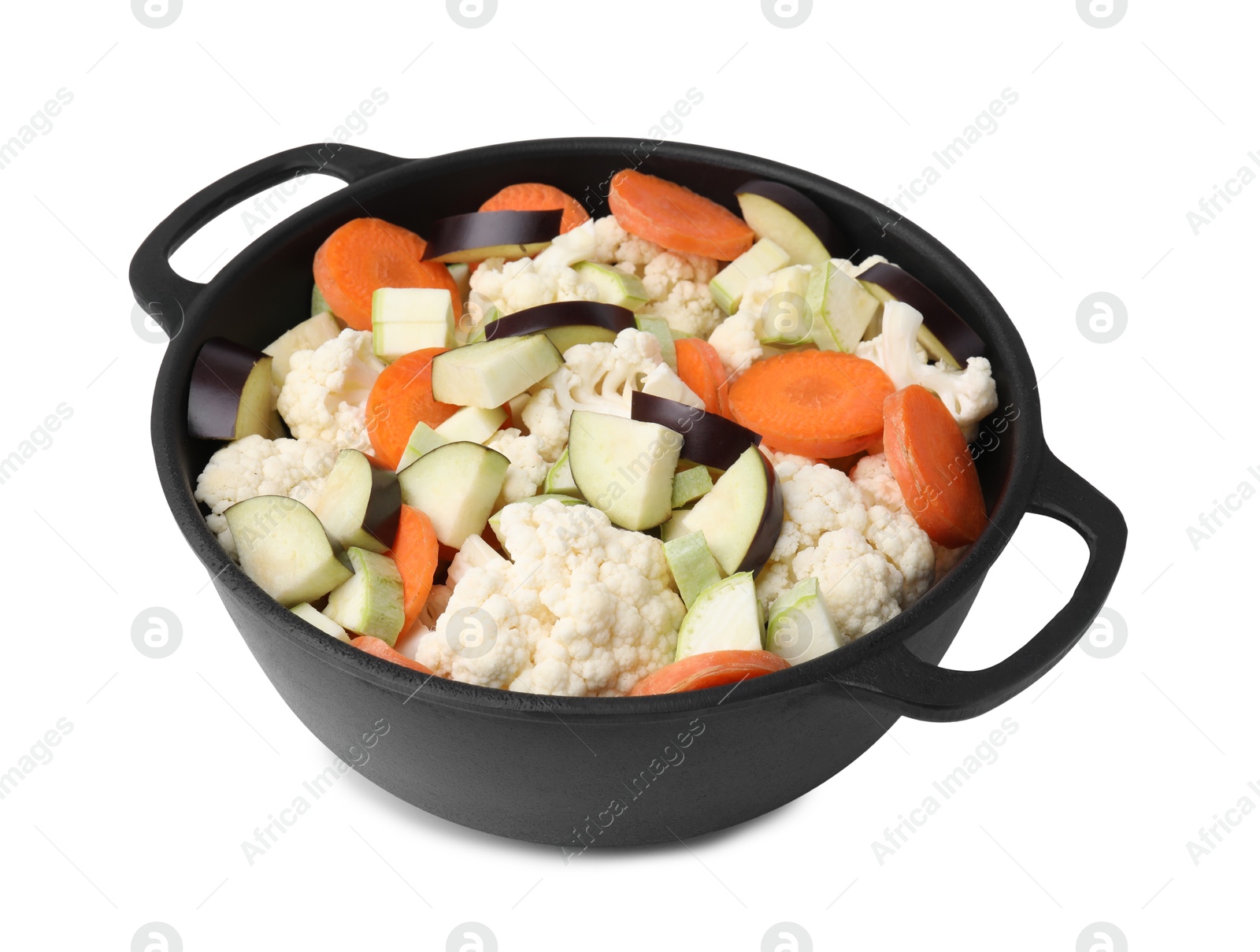 Photo of Cooking stew. Cut raw vegetables in pot isolated on white