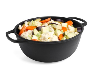 Photo of Cooking stew. Cut raw vegetables in pot isolated on white